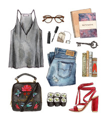 watercolor hand painting sketch fashion outfit, a set of clothes and accessories. casual style. isolated elements