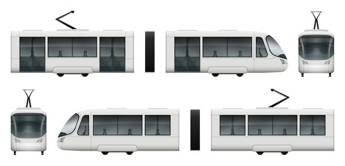 White tram vector mock-up for advertising, corporate identity. Isolated train template on white. Vehicle branding mockup. All layers and groups well organized for easy editing and recolor.
