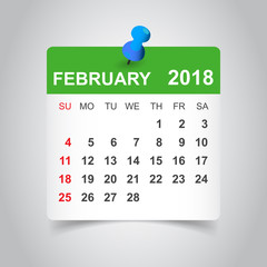 February 2018 calendar. Calendar sticker design template. Week starts on Sunday. Business vector illustration.