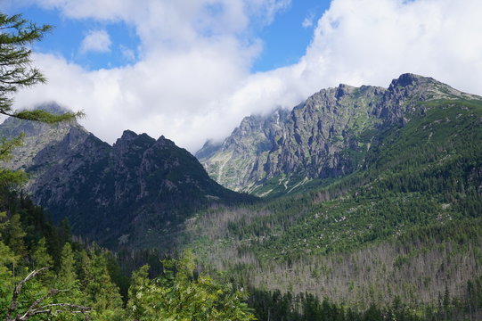 Nature in High Tatras in Slovakia. Mountains of rocky rocks cliffs and waterfalls suitable as background pictures of wishes, banners.