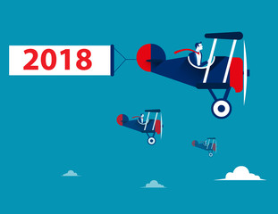 Businessman drive airplane and 2018 text. Concept business vector illustration.