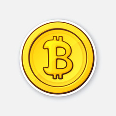 Vector illustration. Gold coin with Bitcoin sign. Symbol of crypto currency. Global virtual internet money. Block chain based secure crypto currency. Sticker with contour. Isolated on white background