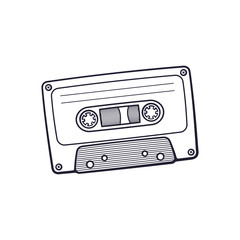 Vector illustration. Hand drawn doodle of Retro audio cassette. Analog media for recording and listening to stereo music. Old-fashioned tape cassette. Cartoon sketch. Isolated on white background  