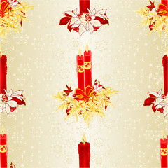 Seamless texture Christmas red candlelights with bows  and poinsettia vintage vector illustration editable hand draw