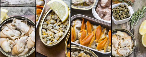 Collage with several images off various types of canned fish