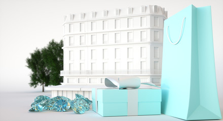 Jewelry store building, present box and paper bag, gems and diamonds. 3d rendering