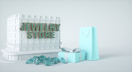 Fototapeta na wymiar Jewelry store building, present box and paper bag, gems and diamonds. 3d rendering