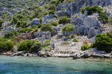 Fototapeta na wymiar Ancient city of Simena, sunken cty of Kekova, Lycian coast, Lycia, Mediterranean