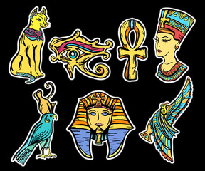 Ancient Egypt, old school tattoo. Ancient Egypt hand drawn collection. Classic flash tattoo style Egypt, patches and stickers. Pharaoh, ankh, eye Ra, Nefertiti, cat