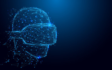 Wireframe man with VR headset sign mesh from a starry and start up concept background. Future technology concept