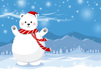 Christmas concept design of white bear with hat at winter mountain vector illustration