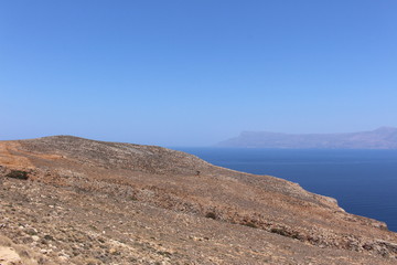Blue Mediterranean Sea and Rodopos peninsula, taken from the Balos peninsula, near Kissamos in Chania prefecture, Crete Island, Greece.