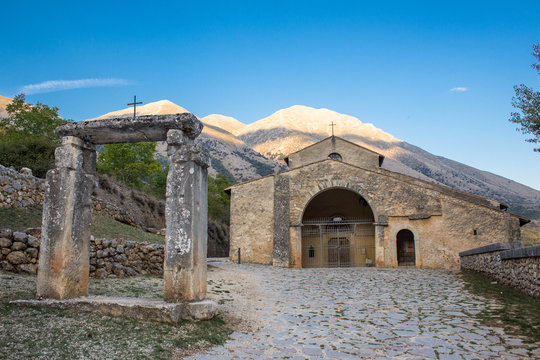 Santa Maria in Val Porclaneta Church, under Velino Mountain , Magliano dei Marsi, Rosciolo, Abruzzo, Italy. 