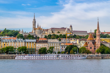 View from street to Fisherman's Bastion castle and tower in Budapest, Hungary