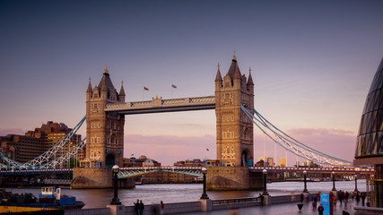 Fototapeta na wymiar Sunset in London, view to the Tower Bridge- LONDON, ENGLAND