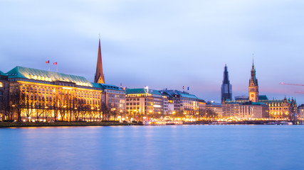 Fototapeta premium Alster Lakes with Hamburg cityscape during twilight in Germany