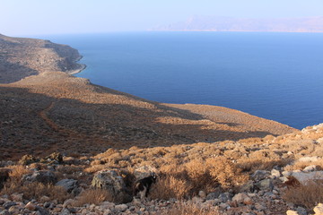 Blue Mediterranean Sea and Rodopos peninsula, taken from the Balos peninsula, near Kissamos in Chania prefecture, Crete Island, Greece.