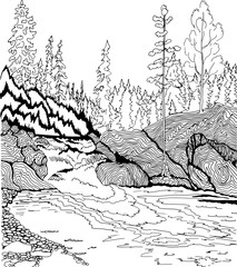 Landscape with waterfall. Hand drawn patterns for coloring. Freehand sketch drawing for adult antistress coloring book in zentangle style.