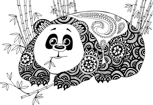 Panda in the bamboo thickets. Hand drawn patterns for coloring. Freehand sketch drawing for adult antistress coloring book in zentangle style.
