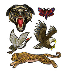 Panther, butterfly, crane, eagle and leopard embroidery patch for textile design.