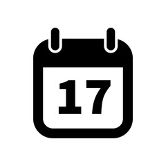 Simple black calendar icon with 17 date isolated on white