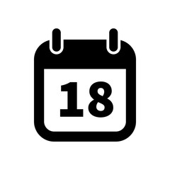 Simple black calendar icon with 18 date isolated on white