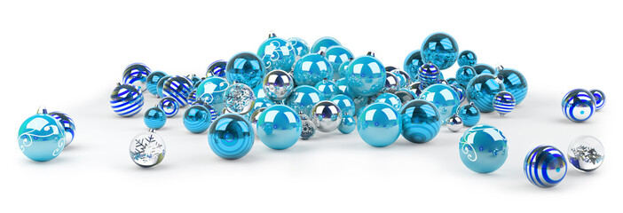 Blue and white christmas baubles 3D rendering