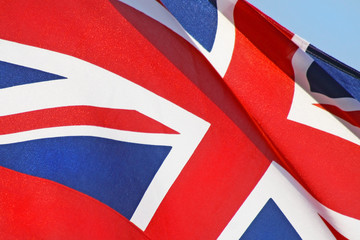 Close up of the red white and blue Union Jack Flag
