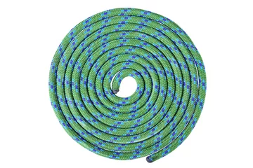 Cercles muraux Alpinisme Vert avec corde d& 39 escalade bleue en forme ronde, isolé sur fond blanc avec chemin de travail.