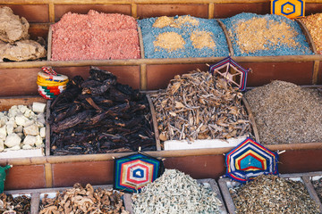 Traditional spices bazaar with herbs and spices in Aswan, Egypt.