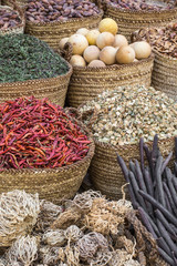 Traditional spices bazaar with herbs and spices in Aswan, Egypt.