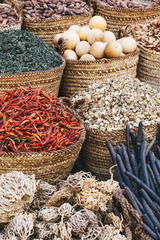 Traditional spices bazaar with herbs and spices in Aswan, Egypt.
