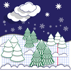 Christmas landscape on a sheet in a cage. View from above. Vector illustration.