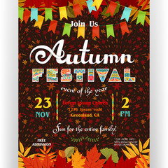 Autumn festival poster template with colorful fall leaves and fireworks background.