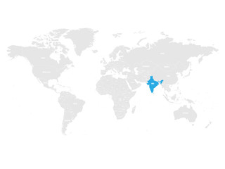 India marked by blue in grey World political map. Vector illustration.