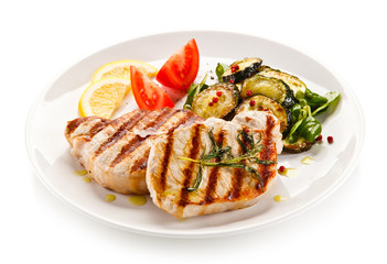 Grilled steaks and vegetables