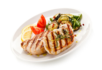 Grilled steaks and vegetables