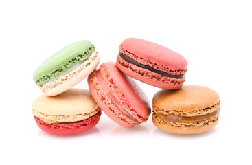 Sweet and colourful french macaroons on white background