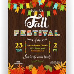 Fall festival poster template. Ornate letters, colorful autumn season leaves and flags.