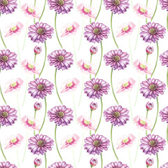 Fototapeta na wymiar Illustration in watercolor of a Gerbera flower. Floral card with flowers. Botanical illustration seamless pattern.