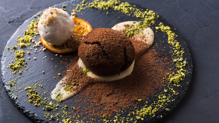 Chocolate fondant with creme anglaise and vanilla ice cream