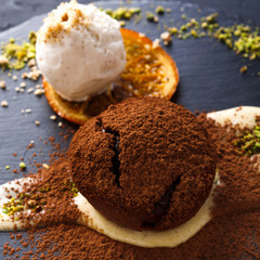 Chocolate fondant with creme anglaise and vanilla ice cream