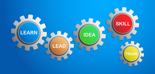 Modern abstract colorful gear wheel background with white text on blue background