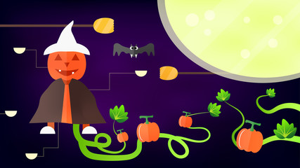 Pumpkin man wears white hat on sweep with pumpkin fruits on roots.