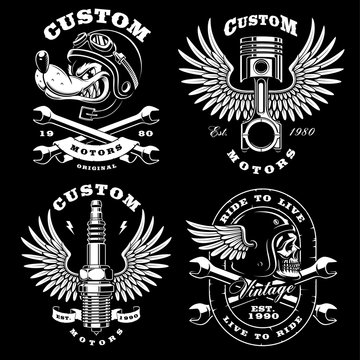 Set of 4 vintage biker illustrations on dark background_2 (raster version)
