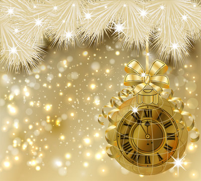 Happy New year card  with golden clock, vector illustration