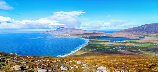 Muurstickers birds eye aerial view from top of a mountain in achill island. beautiful irish landscape and seascape of achill island rural countryside in county mayo © UTBP