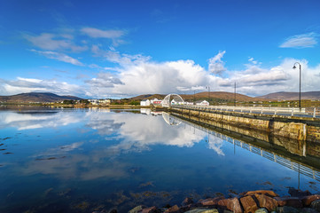Obraz premium achill island bridge with achill island town in the distance. beautiful irish village in county mayo along the wild atlantic way