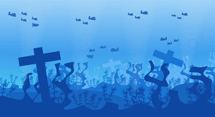 Underwater scene in blue tone with plants.