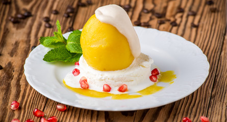 boiled pear with cream and ice